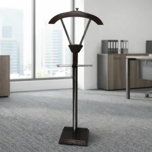 Executive Valet Suit Stand with wooden hanger top, trouser bar, metal supports, and sturdy wood base for organizing suits.