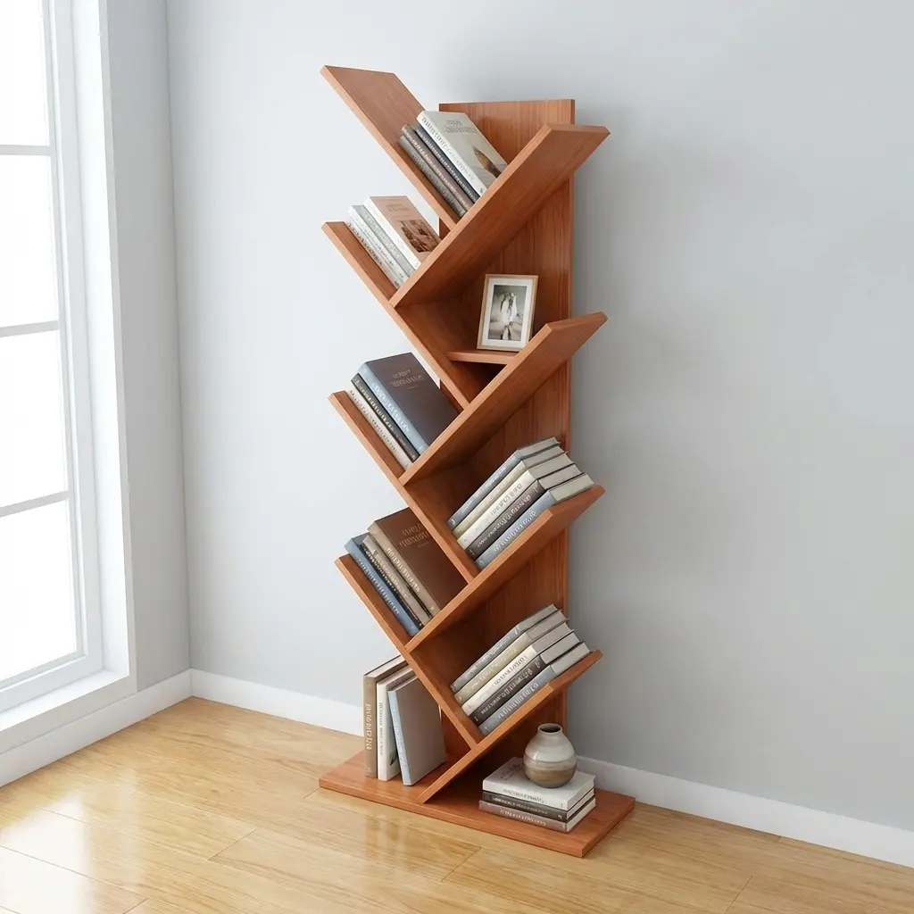 8-Tier Bookshelf With Eight Angled White Wooden Storage Shelves, Central Vertical Support, Geometric Tree-Style Arrangement, And Wide Rectangular Freestanding Base.