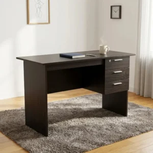 Student Study Desk With 1.2M Dark Wood-Finish Rectangular Desktop, Three Side Storage Drawers, Lockable Upper Drawer, Silver Horizontal Handles, And Sturdy Panel Legs.