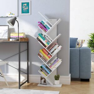 8-Tier Bookshelf with eight angled white wooden storage shelves, central vertical support, geometric tree-style arrangement, and wide rectangular freestanding base.