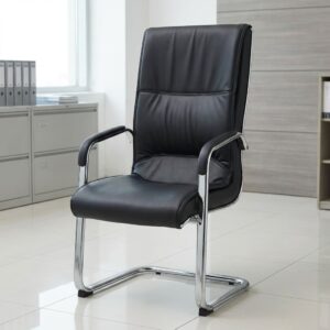 Executive Waiting Office Chair with black upholstered padded seat, tall cushioned backrest, curved silver metal armrests, and continuous cantilever-style metal base.