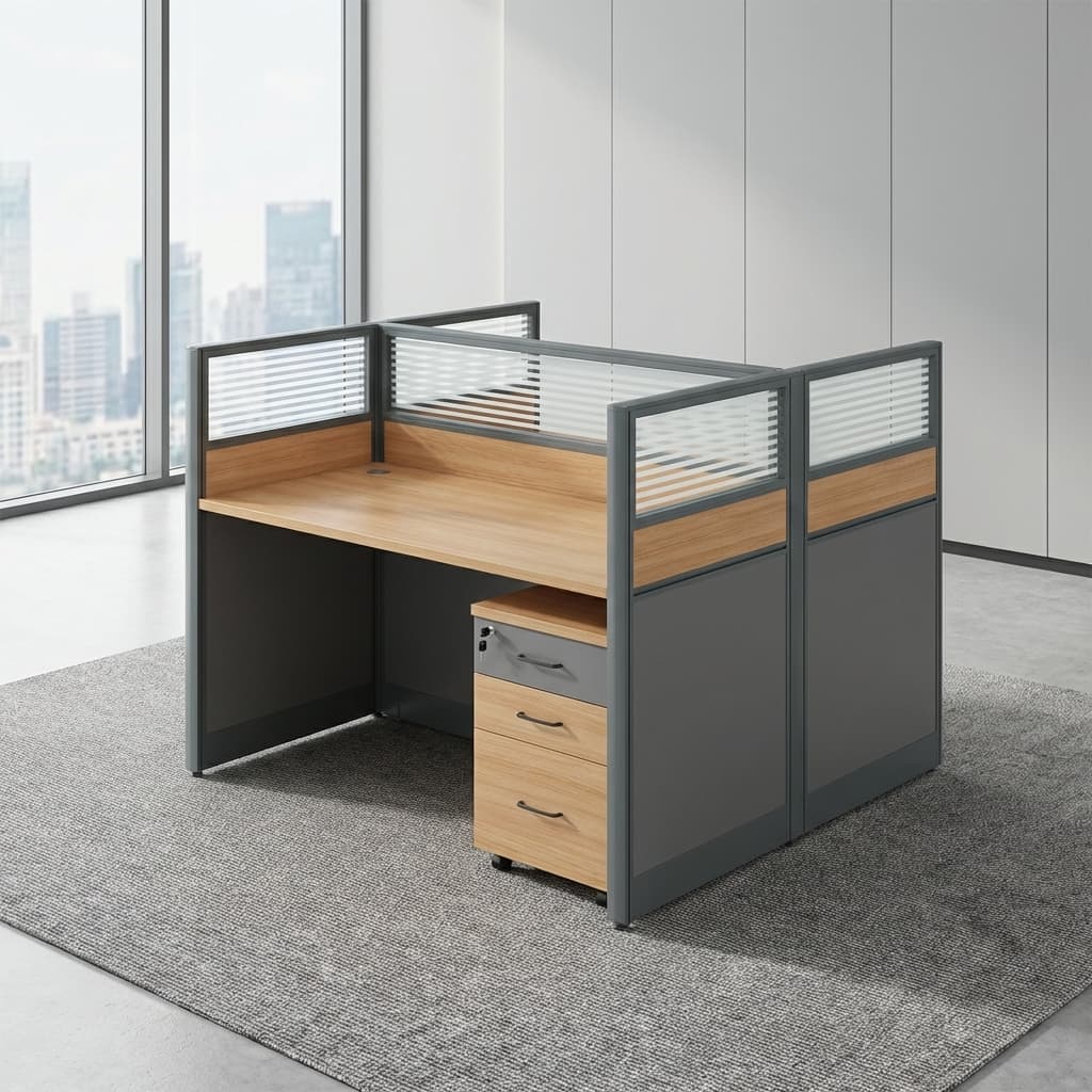 Modern 2-Way Office Workstation With Two Wood-Finish Desktops, Dark Metal Framing, Horizontal Slatted Privacy Partitions, Wooden Lower Panels, And Three-Drawer Mobile Storage Pedestals.