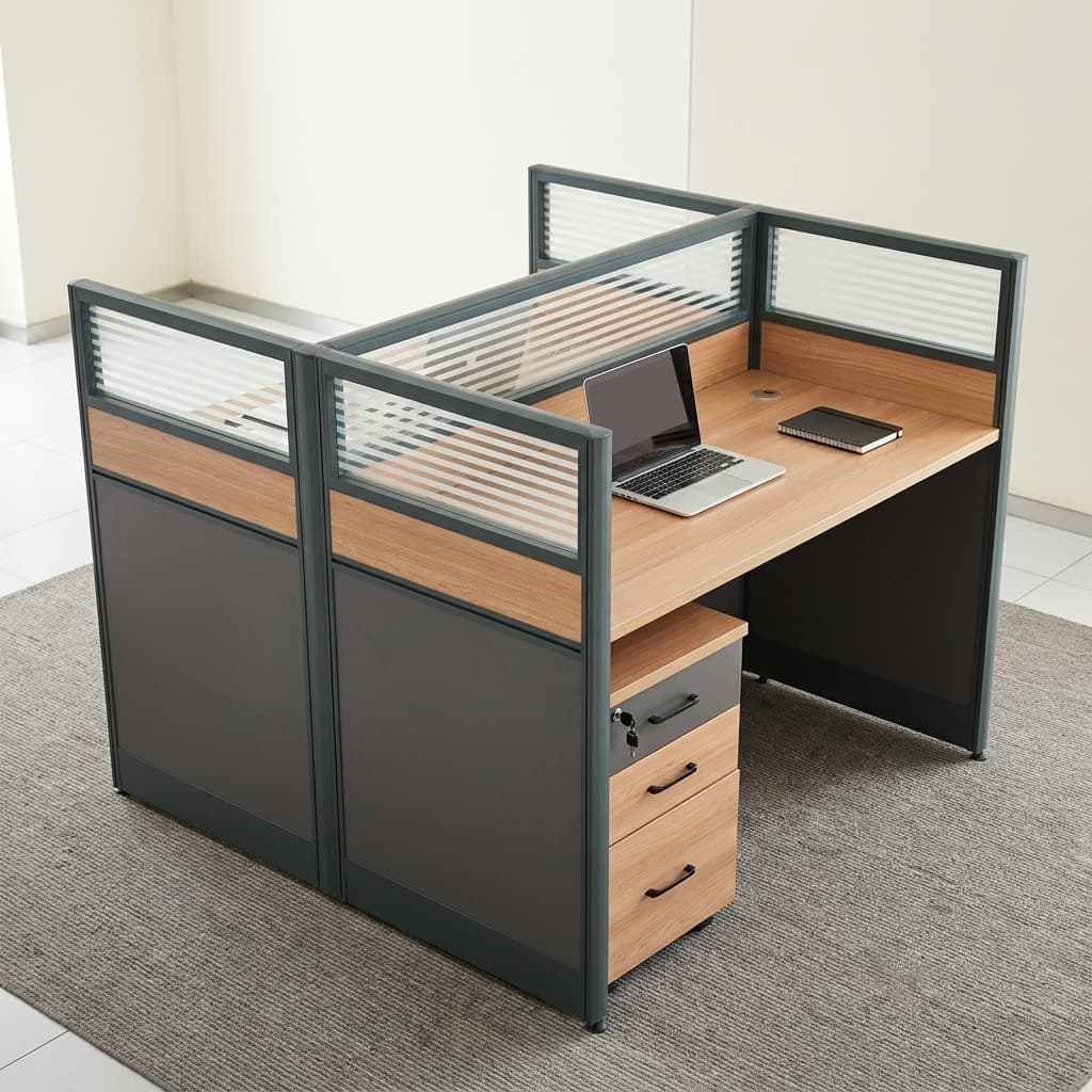 Modern 2-Way Office Workstation With Two Wood-Finish Desktops, Dark Metal Framing, Horizontal Slatted Privacy Partitions, Wooden Lower Panels, And Three-Drawer Mobile Storage Pedestals.