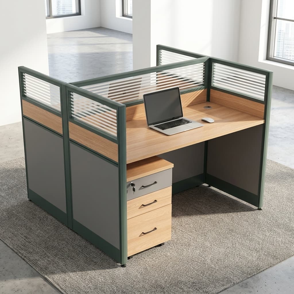 Modern 2-Way Office Workstation With Two Wood-Finish Desktops, Dark Metal Framing, Horizontal Slatted Privacy Partitions, Wooden Lower Panels, And Three-Drawer Mobile Storage Pedestals.