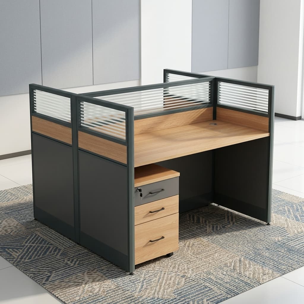 Modern 2-Way Office Workstation With Two Wood-Finish Desktops, Dark Metal Framing, Horizontal Slatted Privacy Partitions, Wooden Lower Panels, And Three-Drawer Mobile Storage Pedestals.