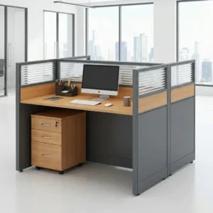 Modern 2-Way Office Workstation With Two Wood-Finish Desktops, Dark Metal Framing, Horizontal Slatted Privacy Partitions, Wooden Lower Panels, And Three-Drawer Mobile Storage Pedestals