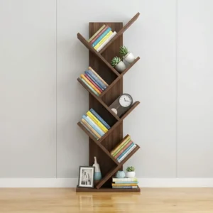 8-Tier Bookshelf With Eight Angled White Wooden Storage Shelves, Central Vertical Support, Geometric Tree-Style Arrangement, And Wide Rectangular Freestanding Base.