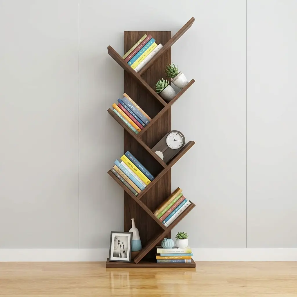 8-Tier Bookshelf With Eight Angled White Wooden Storage Shelves, Central Vertical Support, Geometric Tree-Style Arrangement, And Wide Rectangular Freestanding Base.