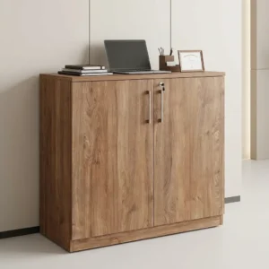 2-Door Wooden Cupboard With Natural Wood-Grain Double Doors, Black Vertical Handles, Central Key Lock, Light-Coloured Side Panels, Matching Wooden Top, And Raised Base Plinth.