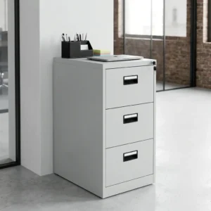 3-Drawer Metal Filing Cabinet with light grey metal construction, three vertically arranged drawers, recessed black handles and visible upper locking point