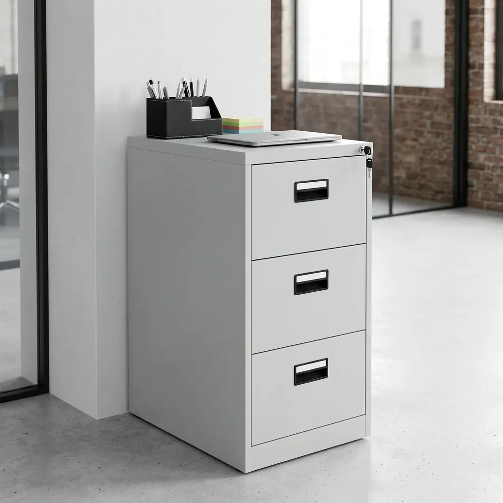 3-Drawer Metal Filing Cabinet With Light Grey Metal Construction, Three Vertically Arranged Drawers, Recessed Black Handles And Visible Upper Locking Point