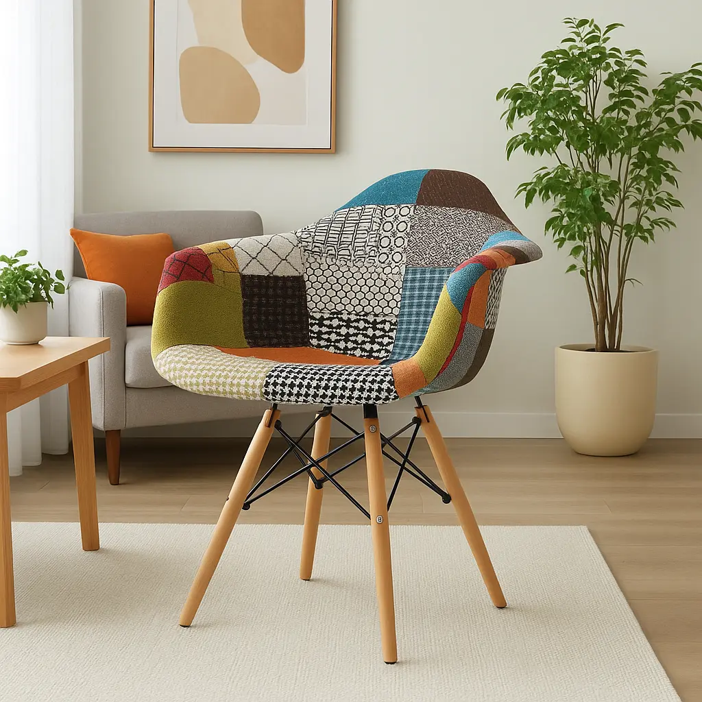 Patchwork Accent Chair With Multicoloured Patterned Upholstery, Cushioned Seat, Curved Wraparound Backrest With Integrated Arm Sections, Four Angled Wood-Toned Legs And Dark Cross-Bracing