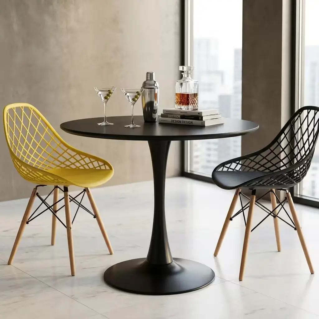 Modern Black Pedestal Dining Table With Smooth Round Black Tabletop, Streamlined Single Central Pedestal And Broad Circular Black Base