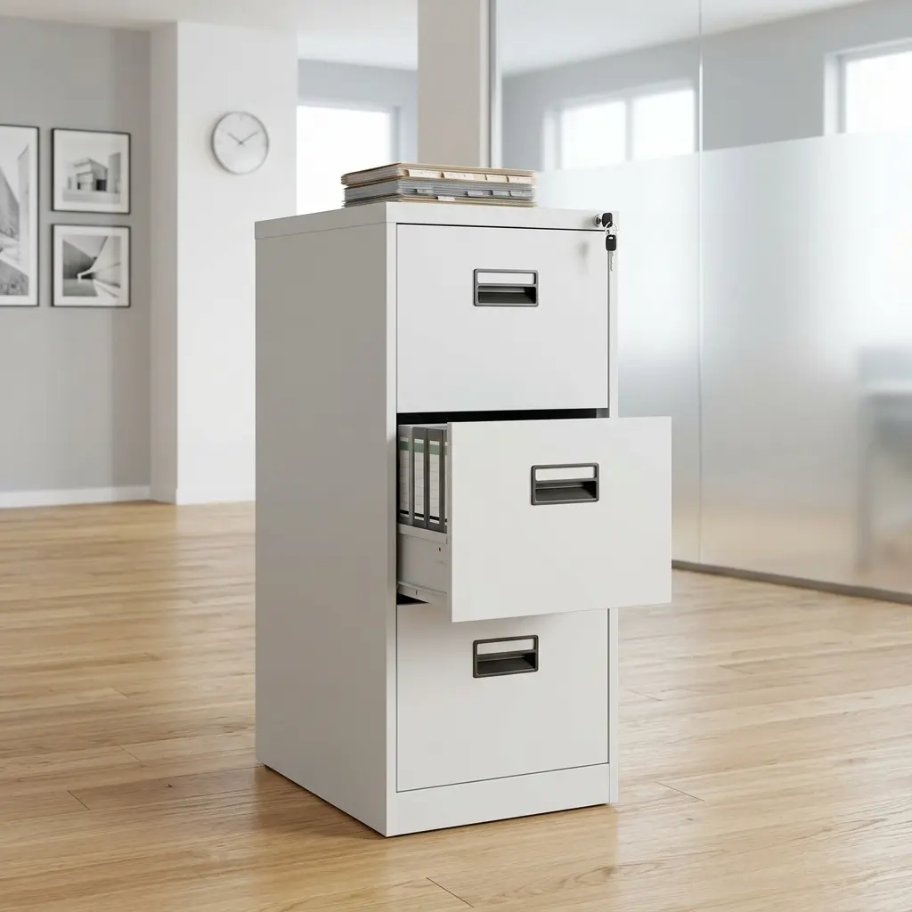 3-Drawer Metal Filing Cabinet With Light Grey Metal Construction, Three Vertically Arranged Drawers, Recessed Black Handles And Visible Upper Locking Point