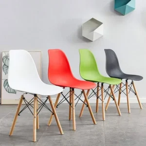 Modern Eames Style Seat with smooth sculpted armless seat, curved backrest, tapered wooden-toned legs, dark cross-bracing and red, black, grey and light blue colour options