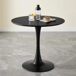 Modern Black Pedestal Dining Table with smooth round black tabletop, streamlined single central pedestal and broad circular black base