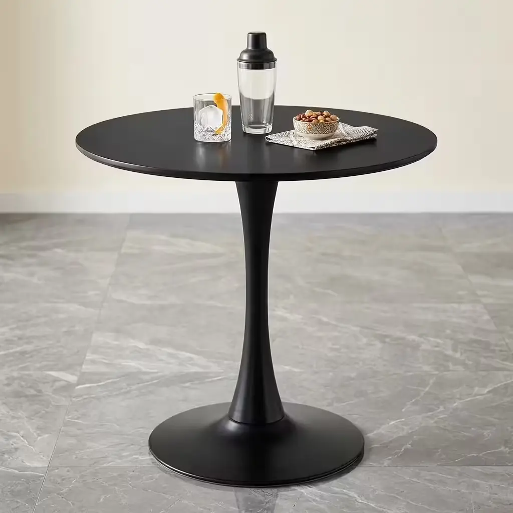 Modern Black Pedestal Dining Table With Smooth Round Black Tabletop, Streamlined Single Central Pedestal And Broad Circular Black Base
