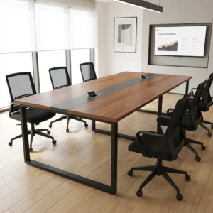2.4m Executive Boardroom Table with spacious rectangular brown wood-grain tabletop and dark metallic-toned open geometric frame with rectangular legs