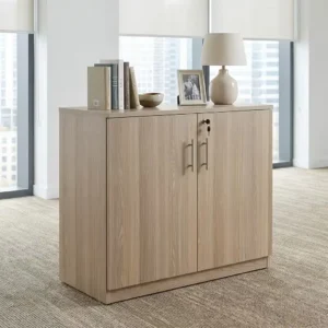 Sturdy Modern 2-Door Office Credenza with two light wood-grain doors, slim black vertical handles, visible door lock, light-toned side panels and rectangular top