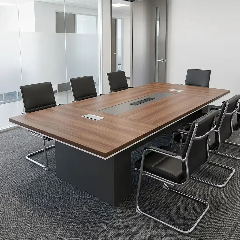 2.4M Executive Boardroom Table With Spacious Rectangular Brown Wood-Grain Tabletop And Dark Metallic-Toned Open Geometric Frame With Rectangular Legs