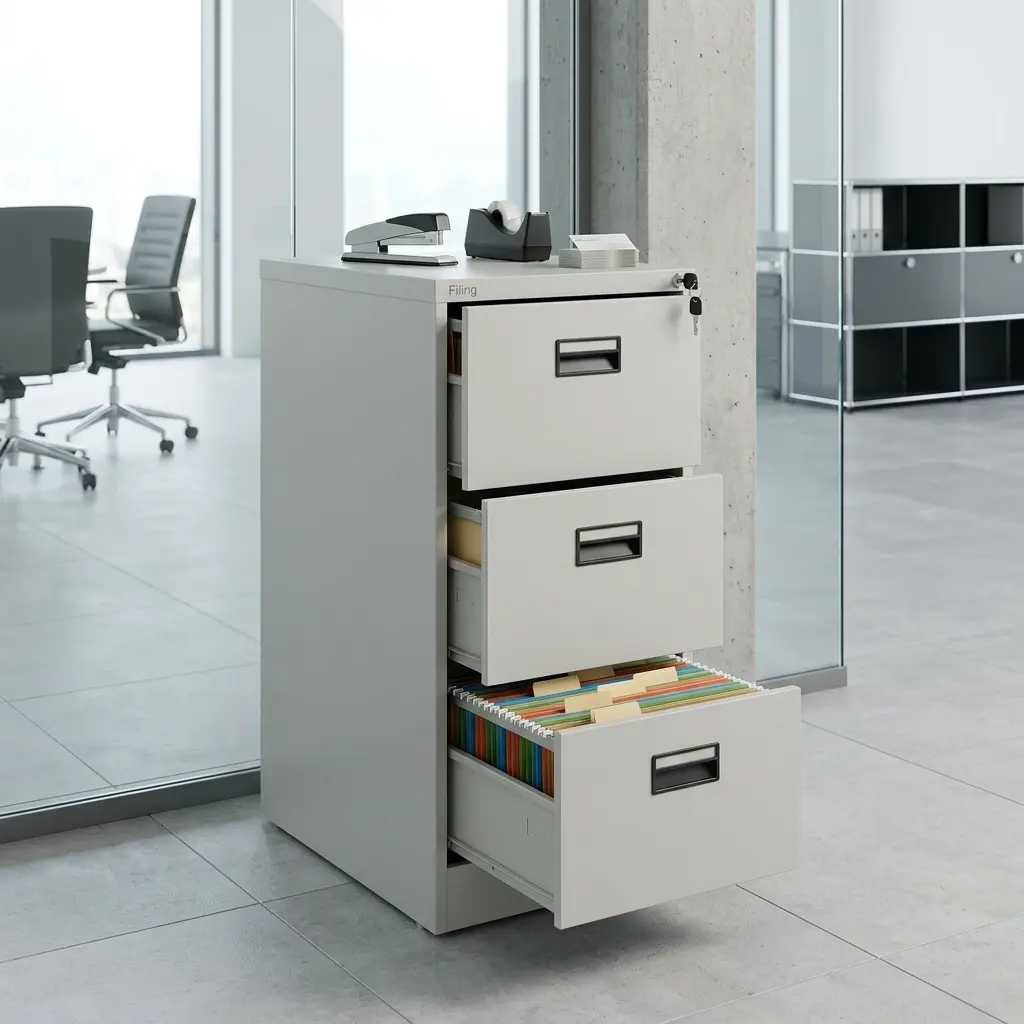 3-Drawer Metal Filing Cabinet With Light Grey Metal Construction, Three Vertically Arranged Drawers, Recessed Black Handles And Visible Upper Locking Point