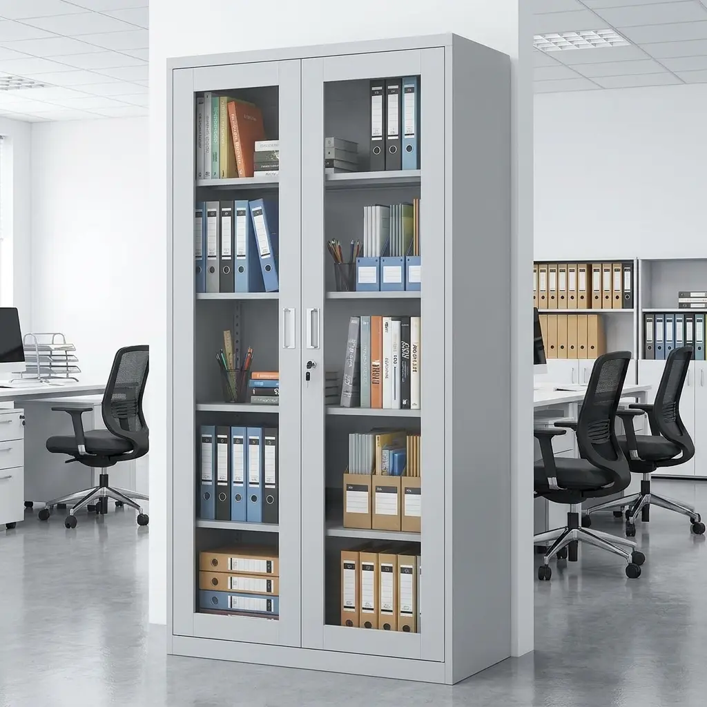 Full Glass File Cabinet With Two Tall Transparent Glass-Fronted Doors, Metallic-Toned Frames, Multiple Internal Storage Shelves And Visible Locking Point