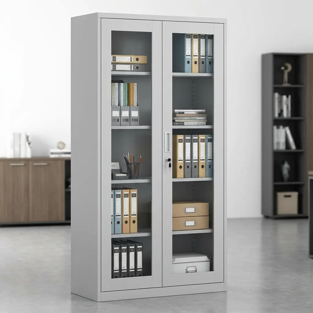 Full Glass File Cabinet With Two Tall Transparent Glass-Fronted Doors, Metallic-Toned Frames, Multiple Internal Storage Shelves And Visible Locking Point
