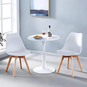 Padded Eames-Style Dining Chair with sculpted high backrest, integrated padded seat, tapered wood-toned legs and black or white colour options