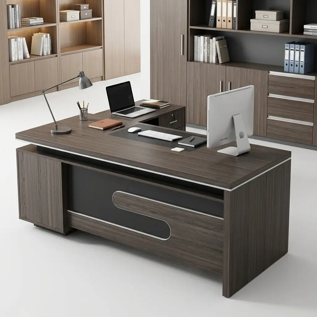Modern Executive 1.6M Desk With Dark Wood-Grain Finish, Spacious Layered Worktop, Raised Rear Surface, Integrated Enclosed Storage, Broad Panel-Style Structure And Recessed Metallic-Toned Front Detail