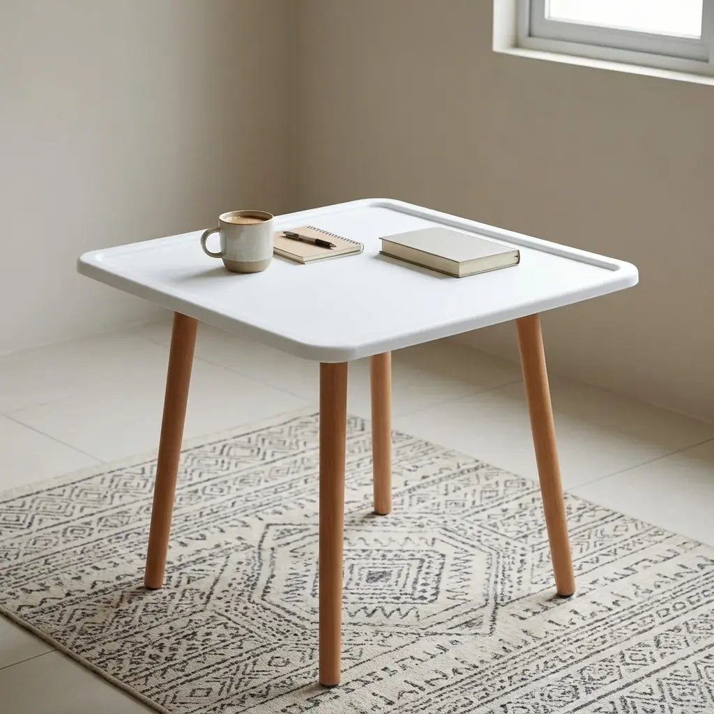 Small Indoor/Outdoor Dining Table With Compact Square White Tabletop, Four Tapered Angled Wood-Toned Legs And Small Dark-Toned Feet
