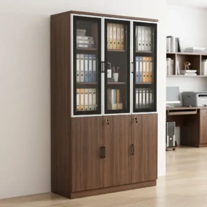 Executive Office Bookshelf with warm brown wood-grain finish, three dark-framed glass-fronted upper doors, multiple internal shelves, solid lower cabinet doors and metallic-toned handles