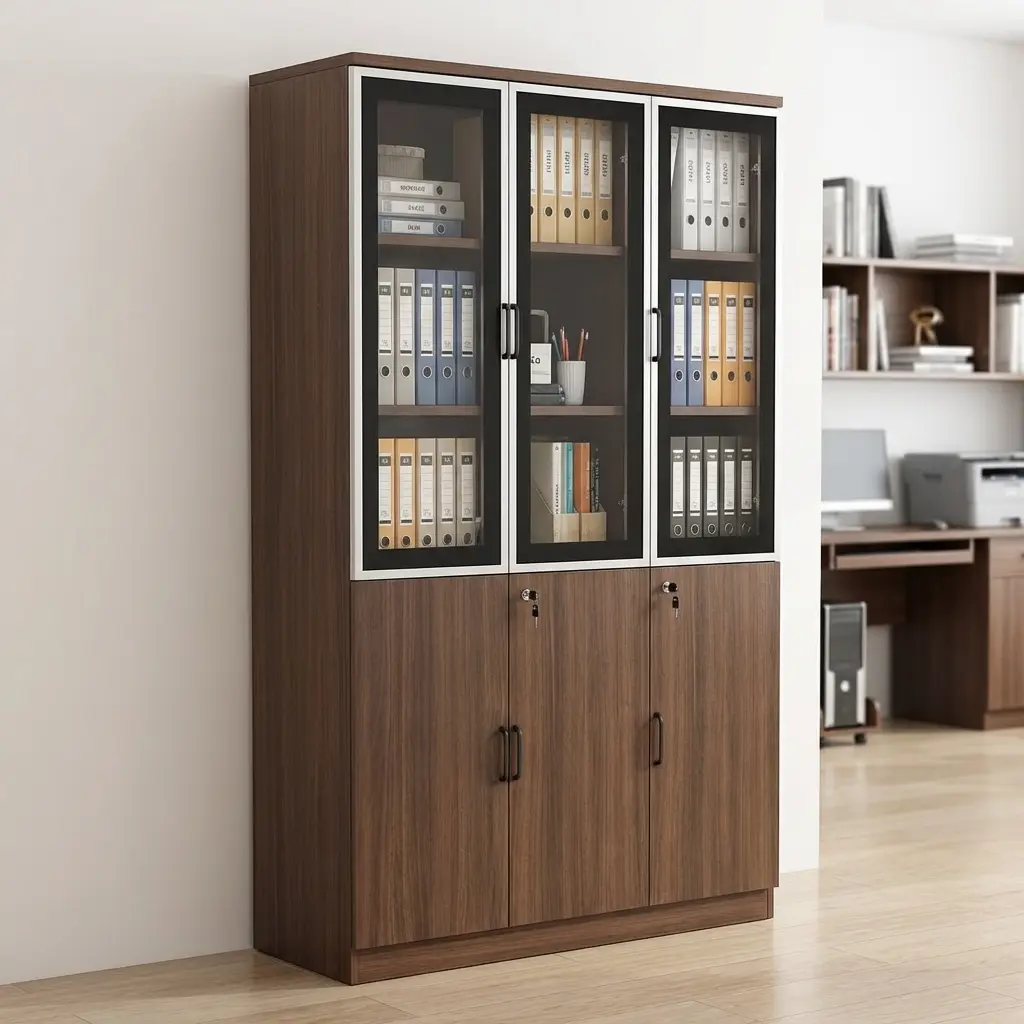Executive Office Bookshelf With Warm Brown Wood-Grain Finish, Three Dark-Framed Glass-Fronted Upper Doors, Multiple Internal Shelves, Solid Lower Cabinet Doors And Metallic-Toned Handles