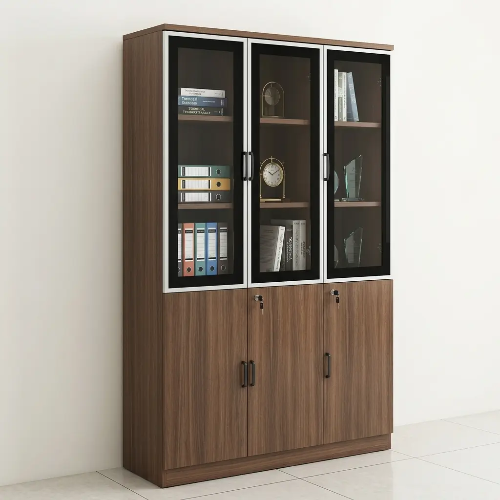 Executive Office Bookshelf With Warm Brown Wood-Grain Finish, Three Dark-Framed Glass-Fronted Upper Doors, Multiple Internal Shelves, Solid Lower Cabinet Doors And Metallic-Toned Handles