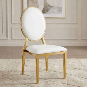 Elegant Gold Frame Dining Chair with circular white upholstered backrest, cushioned white seat, slim gold-toned metallic frame and four tapered legs