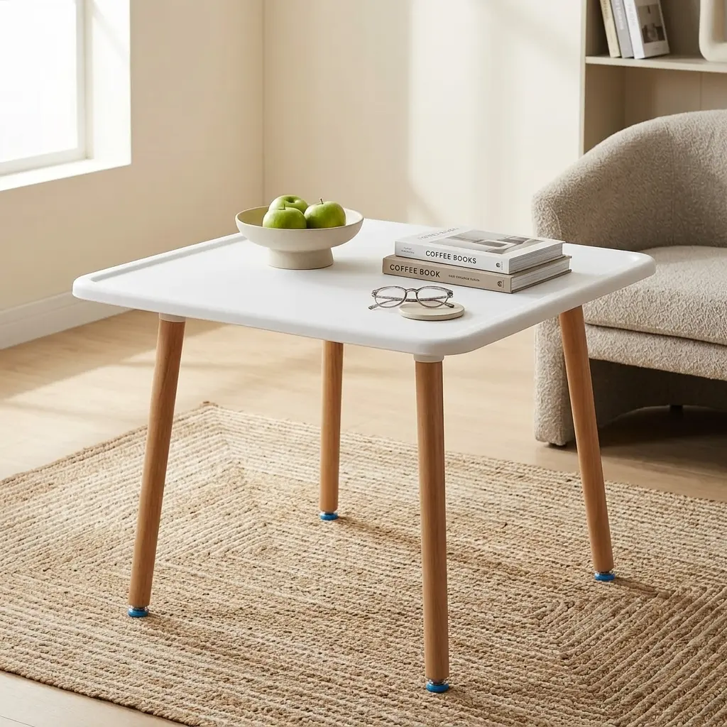 Small Indoor/Outdoor Dining Table With Compact Square White Tabletop, Four Tapered Angled Wood-Toned Legs And Small Dark-Toned Feet