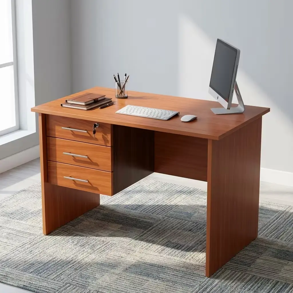 1.2M Oak-Wood Study Desk With Warm Oak-Toned Rectangular Worktop, Three Integrated Drawers, Lockable Upper Storage Section, Panel-Style Sides And Open Leg Space