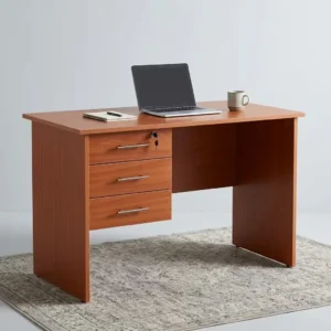 1.2M Oak-Wood Study Desk with warm oak-toned rectangular worktop, three integrated drawers, lockable upper storage section, panel-style sides and open leg space