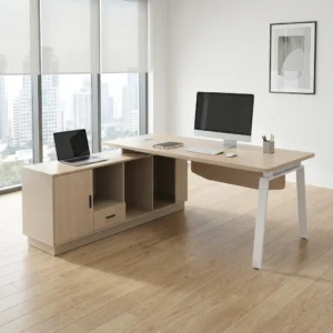 1.8M Modern Executive Office Desk with light wood-grain L-shaped worktop, integrated cabinet, open shelving and drawer storage, cable access point, white angled legs and suspended modesty panel