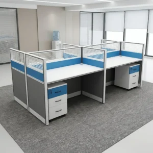 Modern 4-Way Workstation with four light-toned desk surfaces, blue and transparent partition screens, dark lower panels and integrated multi-drawer storage pedestals