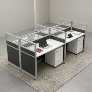 Premium 4-Person Modular Workstation showcasing a four-desk configuration with white surfaces, silver aluminum framing, charcoal and glass privacy screens, and four under-desk filing cabinets.