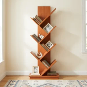 9-Tier Tree Bookshelf with warm wood-grain finish, tall vertical central structure, nine alternating angled book storage tiers and rectangular supporting base