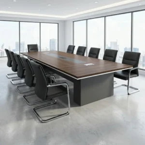 6M Executive Boardroom Table with expansive brown wood-grain rectangular tabletop, segmented surface detailing, multiple integrated cable-access points and substantial dark panel-style bases