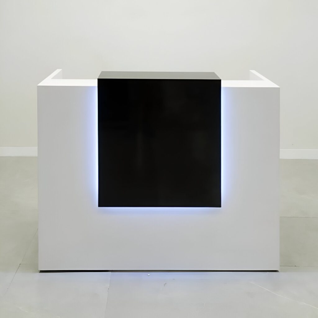 1.8M Modern Reception Desk With White Geometric Exterior, Large Black Rectangular Front Panel, Illuminated Accent And Raised Side Sections