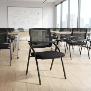 Breathable-Back Students Chair with black mesh backrest, padded black seat, integrated rectangular writing tablet, arm support and slim black metallic-toned four-leg frame