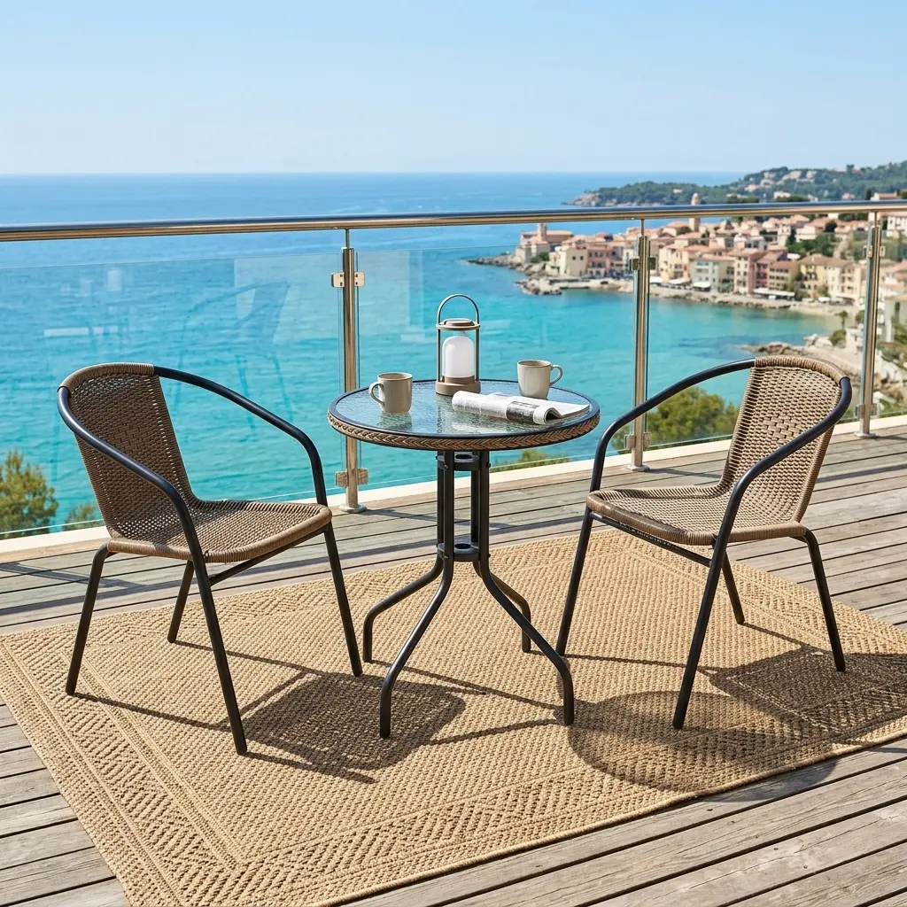 Stylish Wicker Patio Set With Two Neutral Brown Woven Wicker-Style Armchairs, Dark Four-Leg Chair Frames And Matching Round Table With Curved Pedestal-Style Base