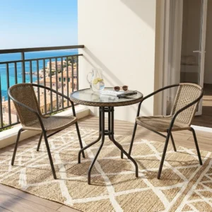 Stylish Wicker Patio Set with two neutral brown woven wicker-style armchairs, dark four-leg chair frames and matching round table with curved pedestal-style base