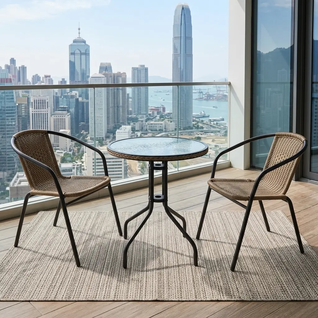 Stylish Wicker Patio Set With Two Neutral Brown Woven Wicker-Style Armchairs, Dark Four-Leg Chair Frames And Matching Round Table With Curved Pedestal-Style Base