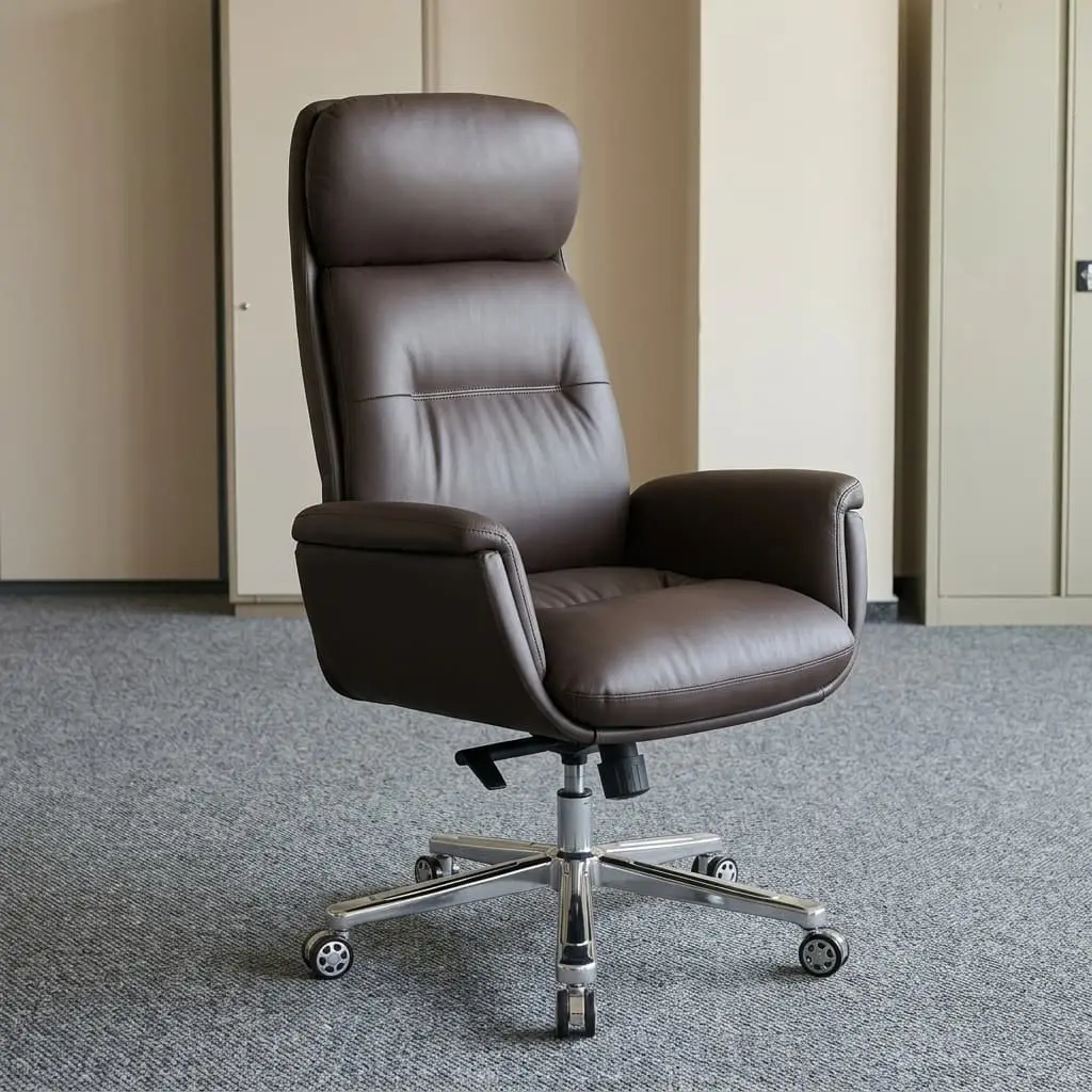 Executive High-Back Leather Chair With Black Leather Upholstery, Tall Padded Backrest, Cushioned Headrest, Thick Upholstered Armrests And Metallic-Toned Five-Star Caster Base