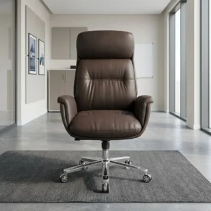 Executive High-Back Leather Chair with black leather upholstery, tall padded backrest, cushioned headrest, thick upholstered armrests and metallic-toned five-star caster base