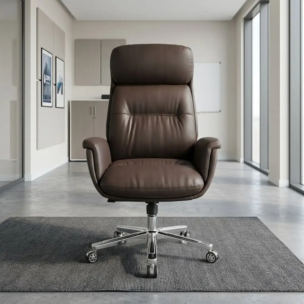 Executive High-Back Leather Chair With Black Leather Upholstery, Tall Padded Backrest, Cushioned Headrest, Thick Upholstered Armrests And Metallic-Toned Five-Star Caster Base